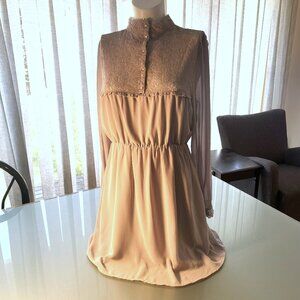 Divided H&M Dusty Rose Lace Mini Dress Demure Mock Turtle Neck Unlined Size 12